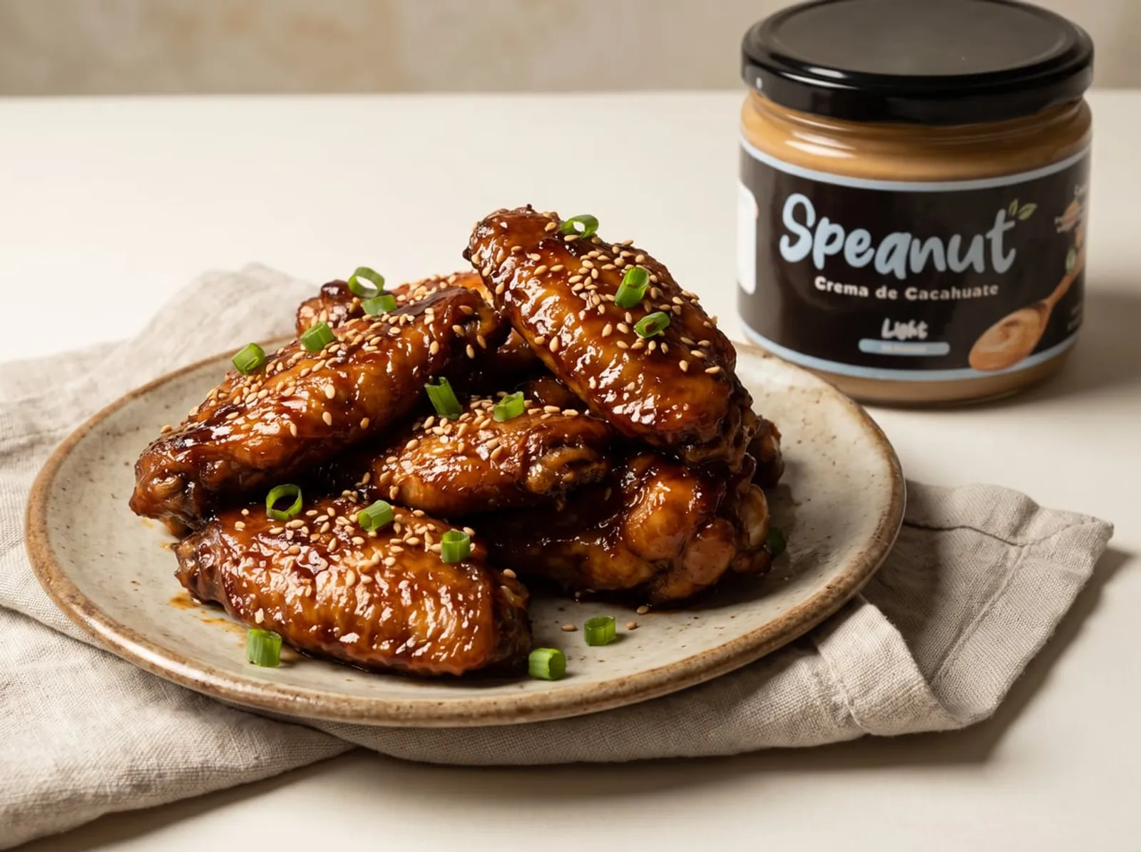 Alitas de pollo glaseadas y brillantes, espolvoreadas con ajonjolí y cebollín picado, servidas en un plato de cerámica
