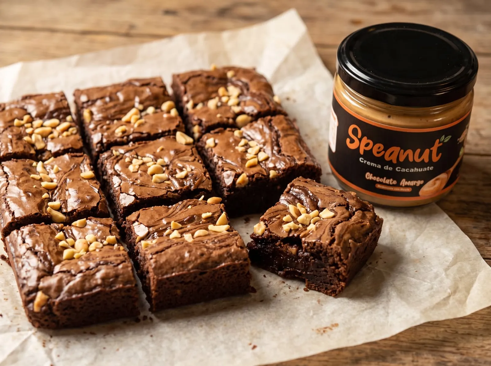 Brownies cortados en cuadros con cacahuates picados encima y una veta de crema, sobre papel encerado