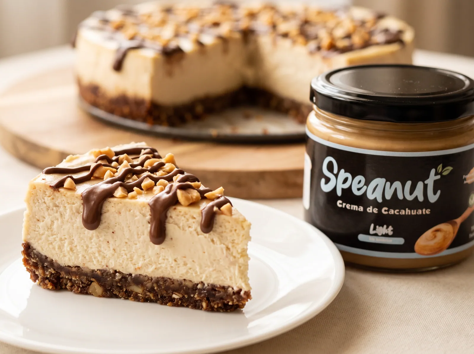 Rebanada de cheesecake frío con chorrete de chocolate y cacahuate picado, frente al pastel entero con una porción cortada