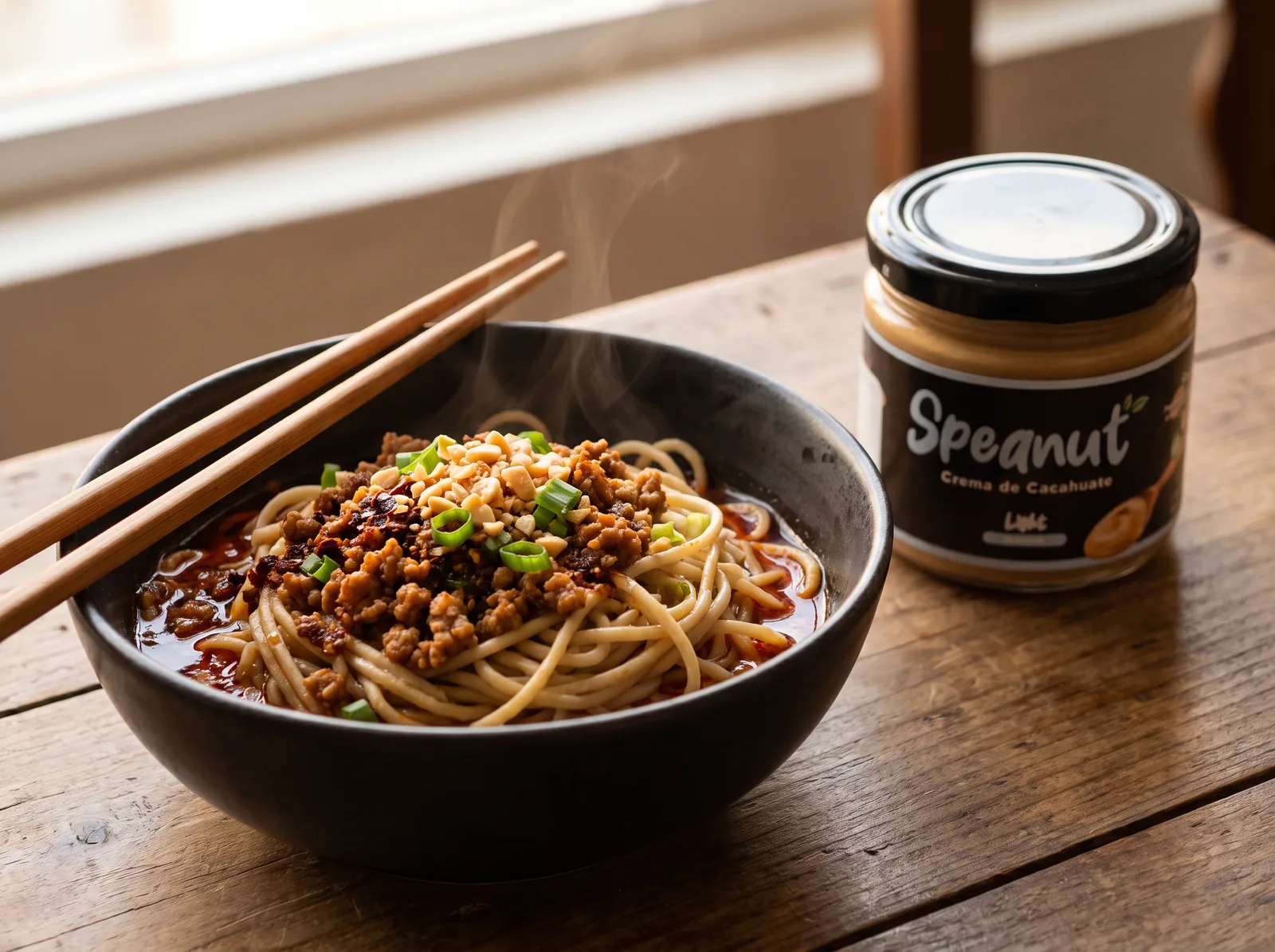 Tazón negro de fideos dan dan humeantes con carne molida, cebollín y aceite de chile rojo alrededor