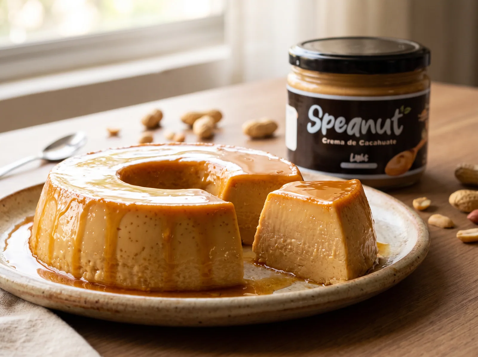 Flan napolitano desmoldado con el caramelo escurriendo y una rebanada cortada, sobre un plato de cerámica