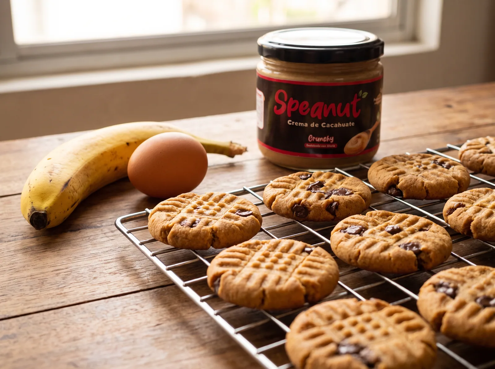 Galletas doradas con marca de tenedor y trozos de chocolate sobre una rejilla, junto a un plátano maduro y un huevo