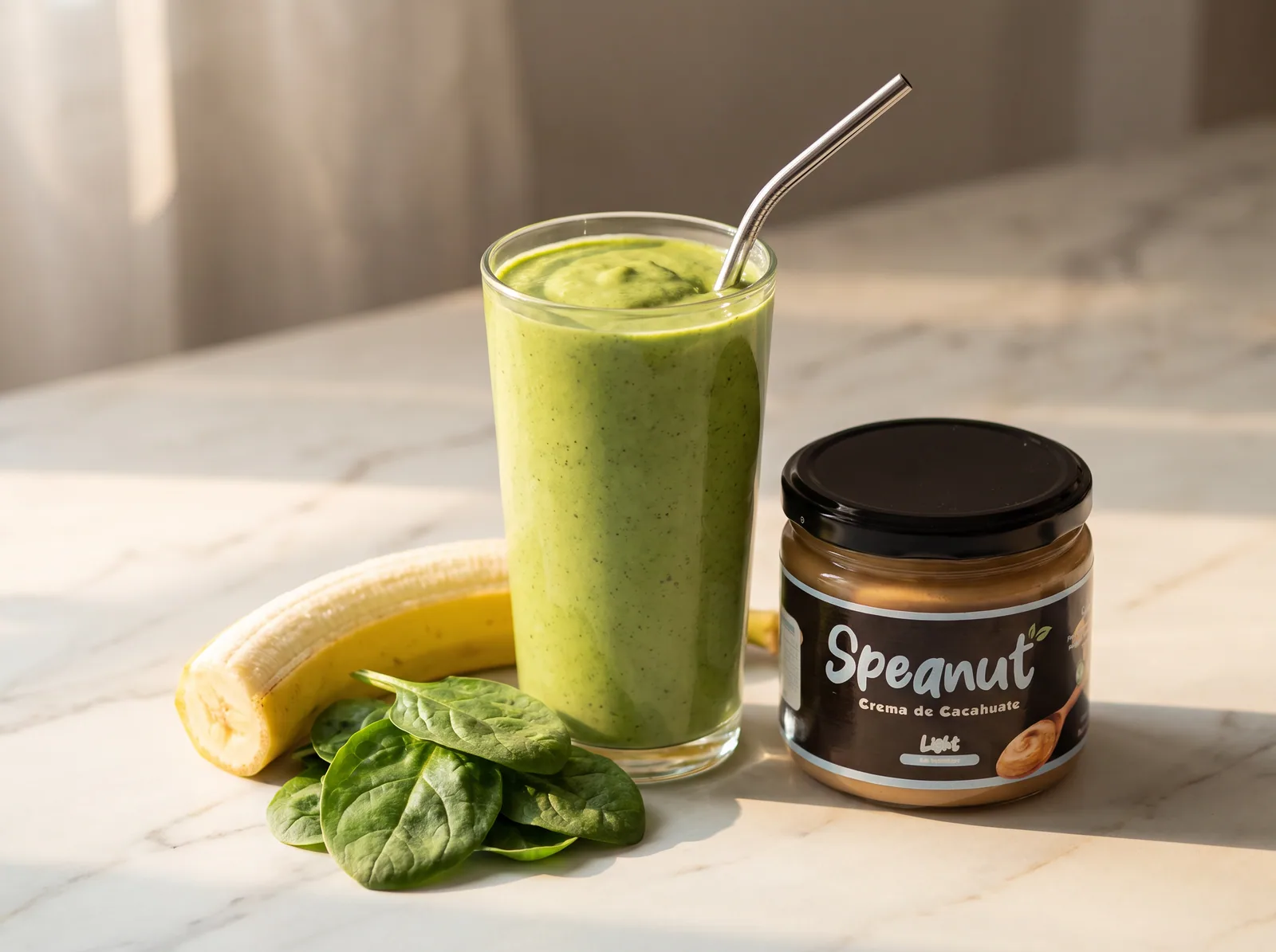 Vaso de licuado verde con popote de metal sobre mármol blanco, con espinaca fresca y medio plátano al lado