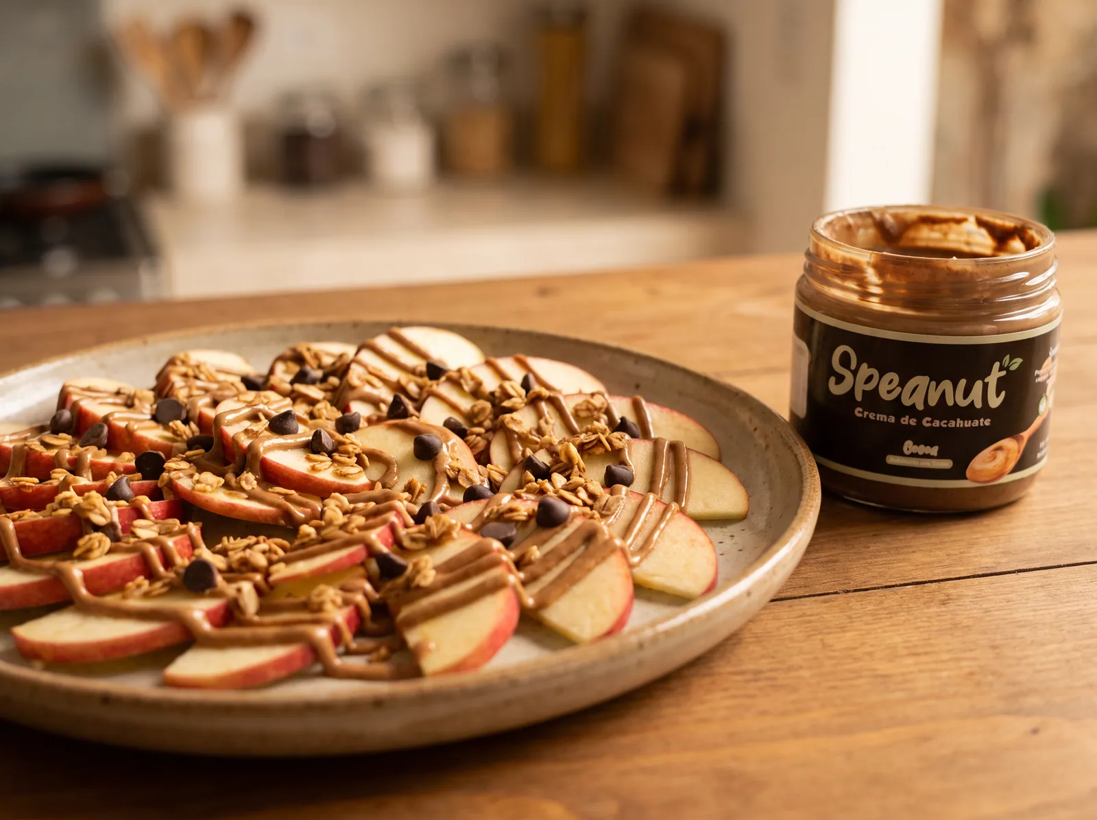 Rebanadas de manzana acomodadas en un plato, con hilos de crema de cacahuate, granola y chispas de chocolate encima
