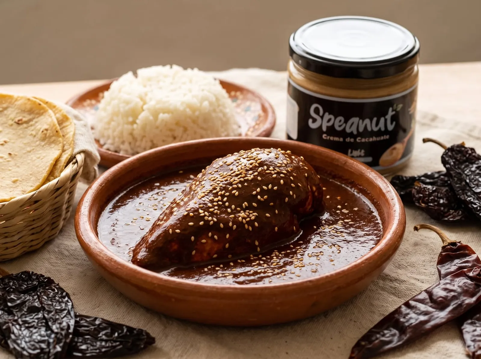 Pieza de pollo bañada en mole espeso con ajonjolí, en un plato de barro, con arroz blanco y chiles secos al lado