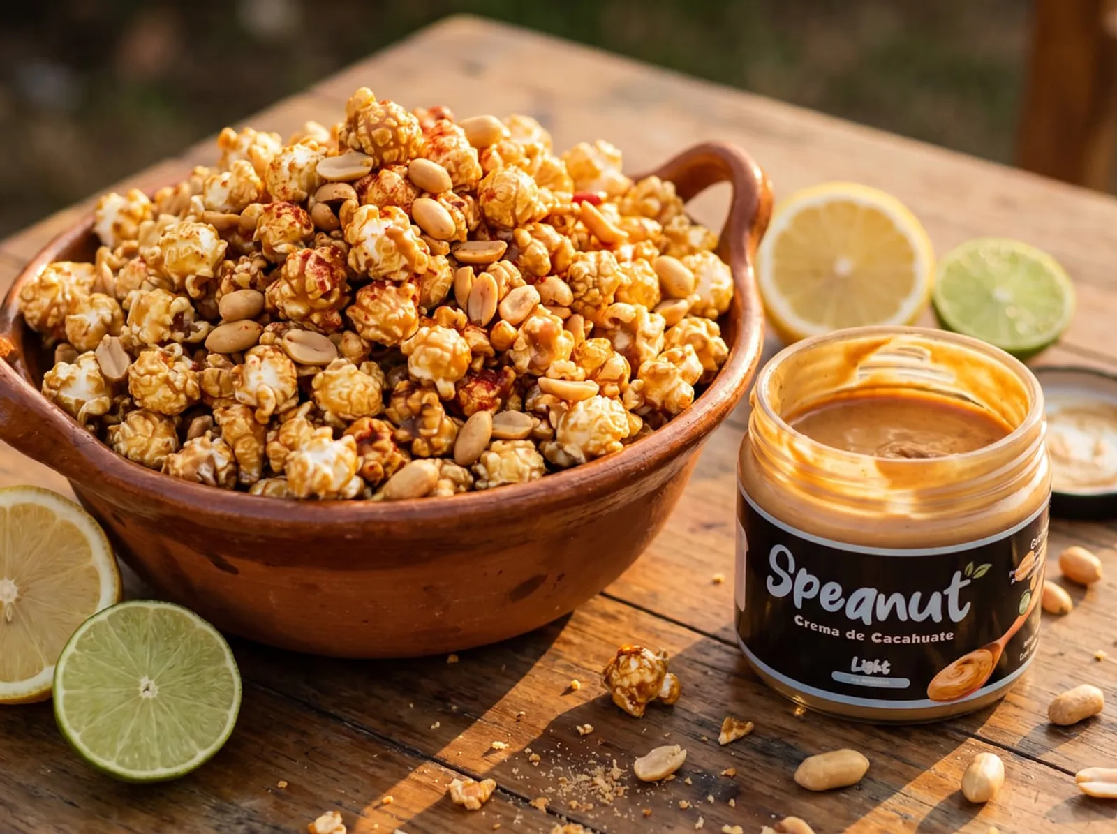 Palomitas acarameladas con cacahuates y chile en un tazón de barro, con limón partido al lado