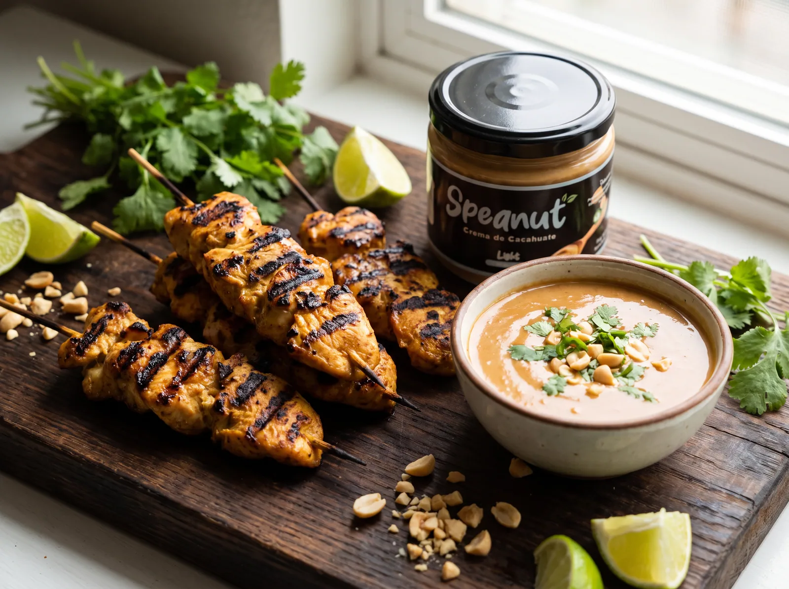 Pollo satay con salsa de cacahuate
