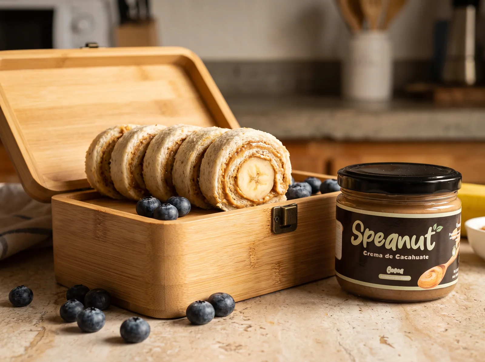 Rollitos de sándwich cortados en ruedas con plátano dentro, acomodados en una lonchera de bambú con arándanos