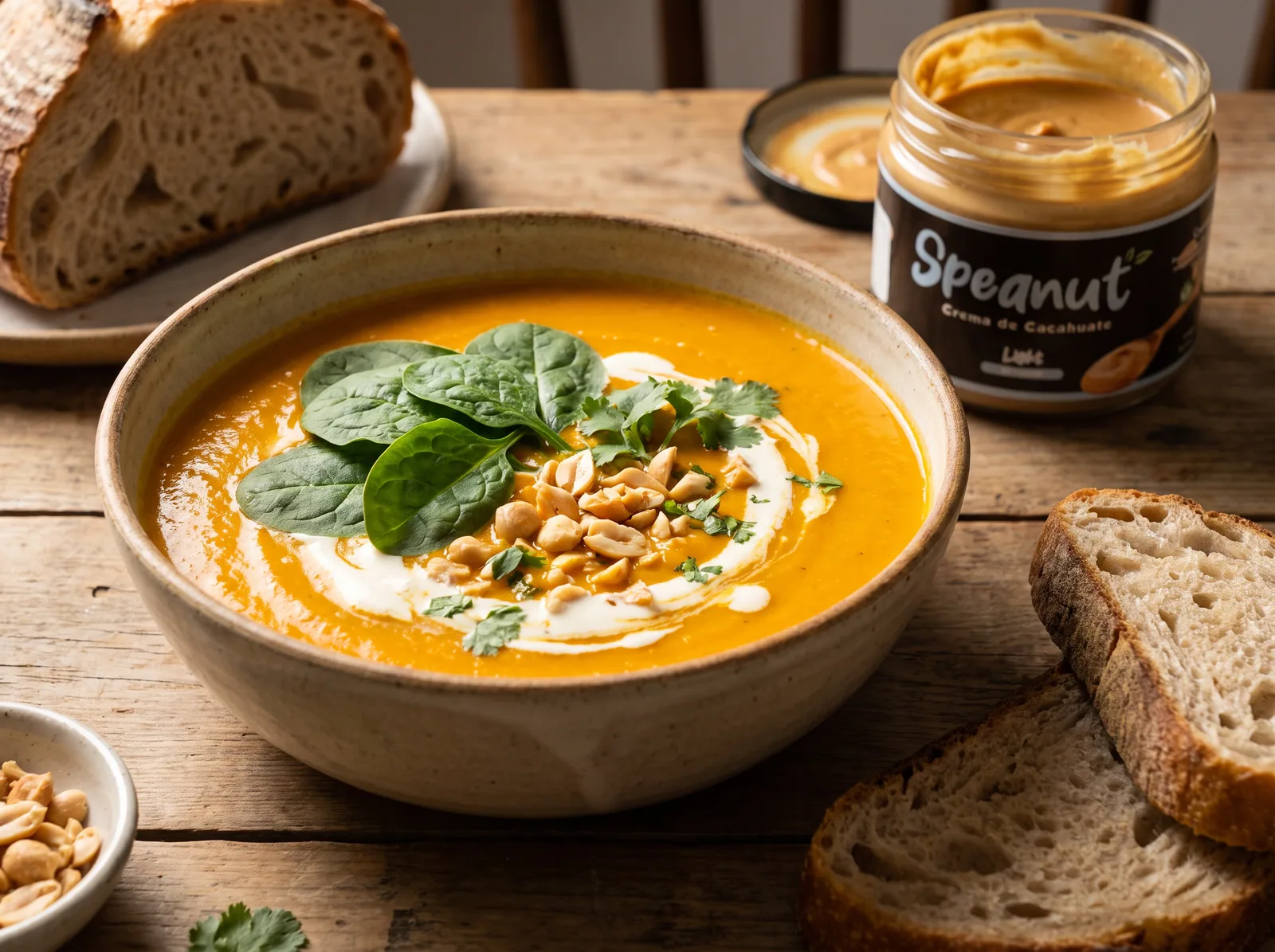Tazón de sopa cremosa color naranja con espinaca, cacahuate picado y un hilo de crema, con pan rústico al lado