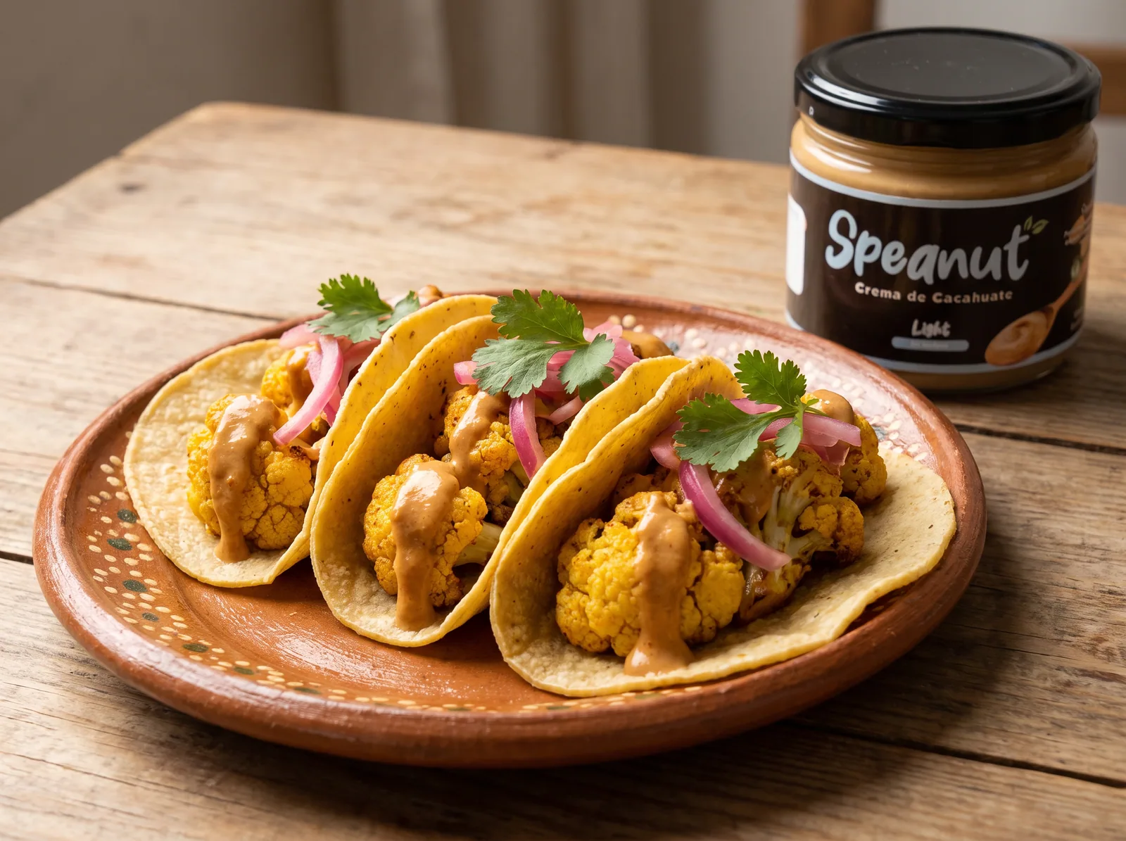 Tres tacos de coliflor dorada en tortilla de maíz, con salsa de cacahuate, cebolla morada encurtida y cilantro