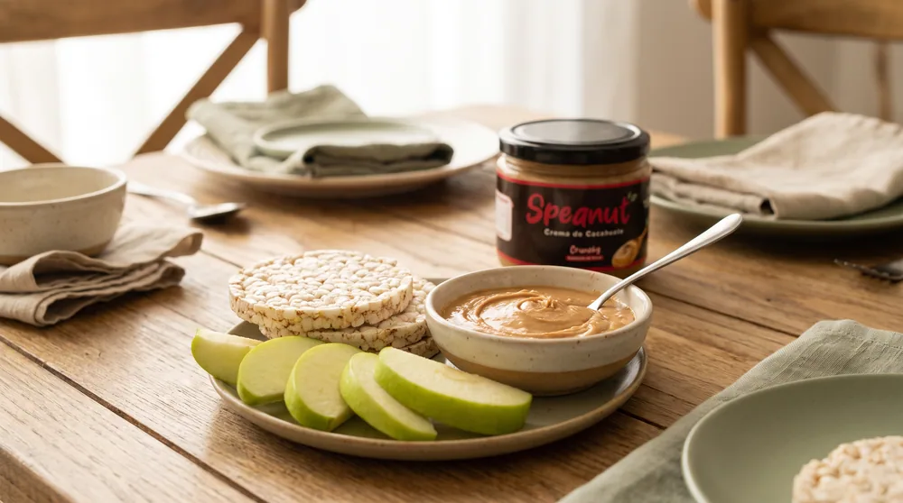 Mesa de comedor con rebanadas de manzana verde, galletas de arroz y un tazón de crema de cacahuate Speanut Crunchy