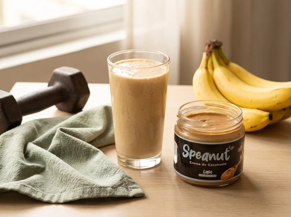 Licuado cremoso de cacahuate junto a una mancuerna, plátanos y un frasco de Speanut Light