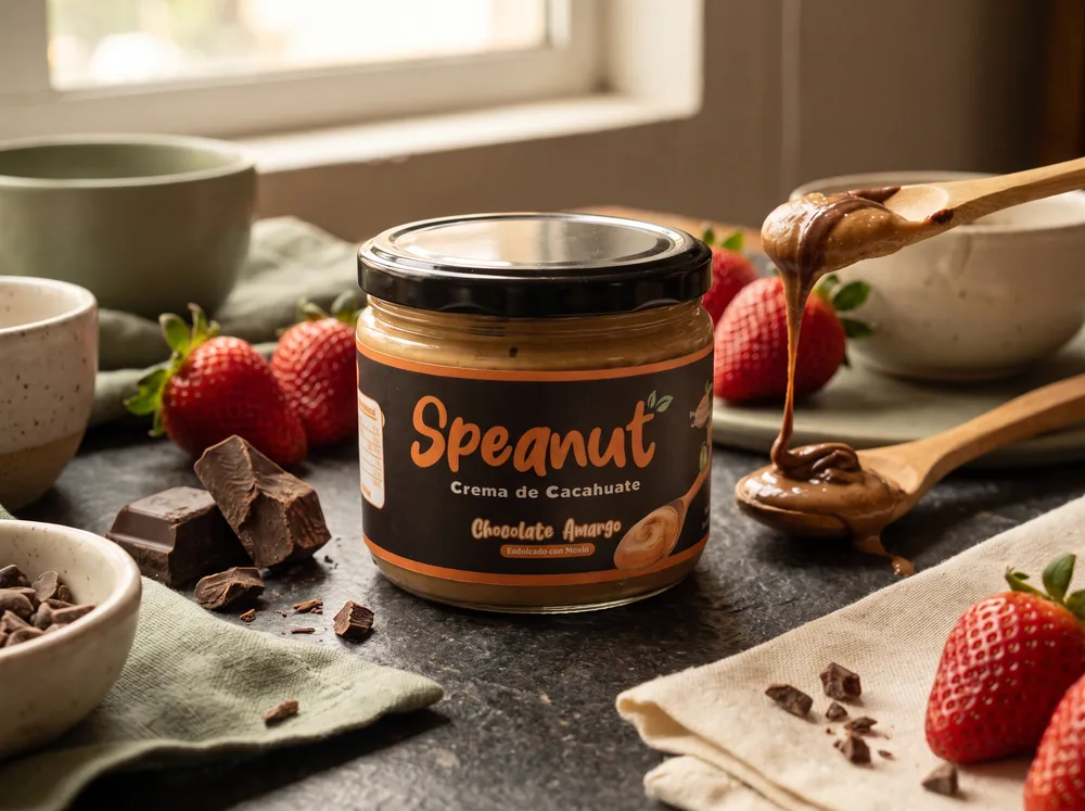 Frasco de Speanut Chocolate Amargo rodeado de fresas y trozos de chocolate, con una cuchara escurriendo crema