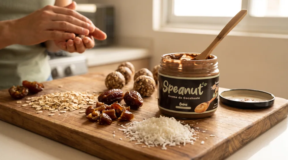 Tabla de madera con avena, dátiles, coco y bolitas energéticas a medio formar junto a un frasco abierto de Speanut Cocoa